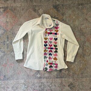 Vintage-Inspired Unisex White Button-Up with Colorful Embroidered Panel
